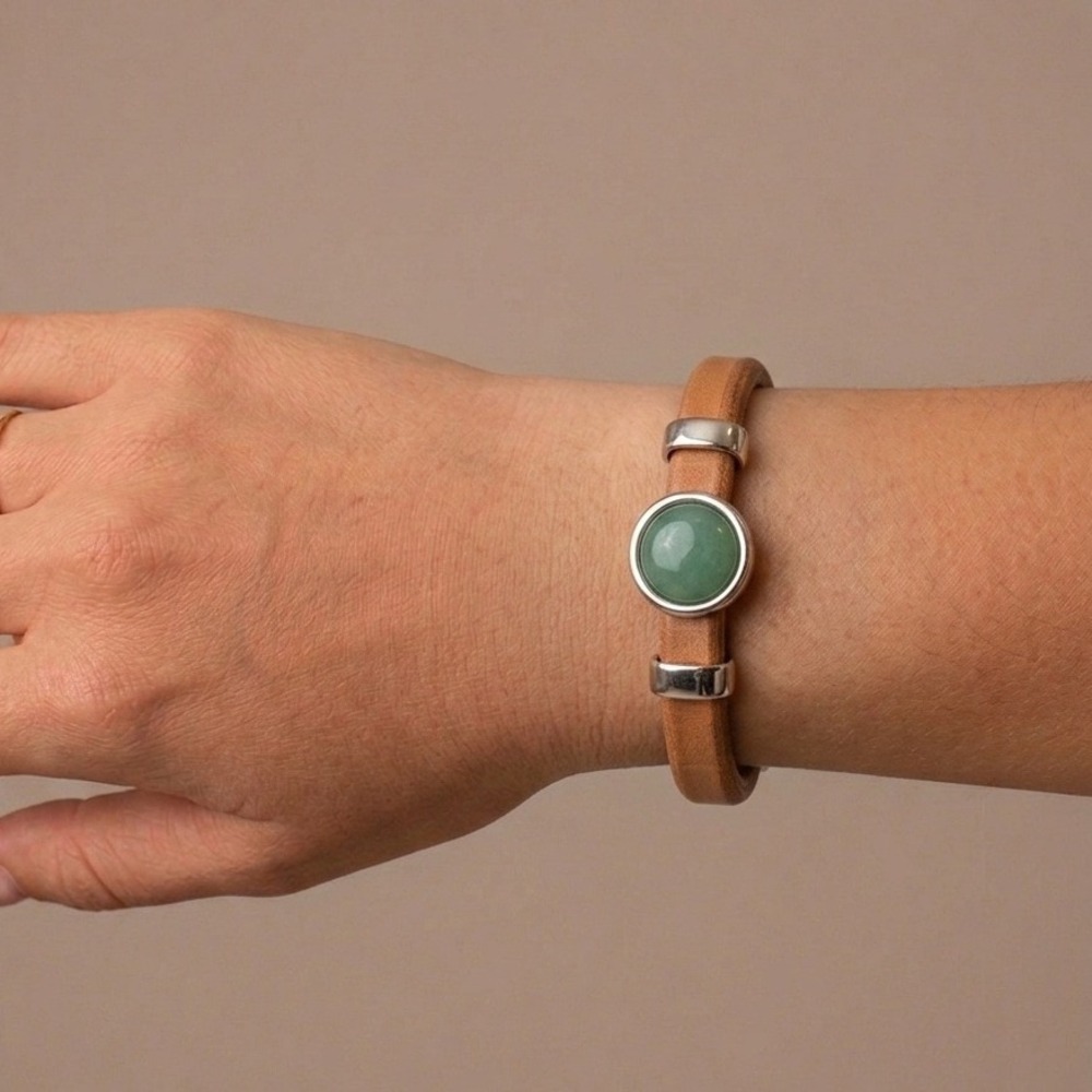 Genuine Leather Bracelet Tan Green Aventurine Gemstone Western Rodeo Cowgirl